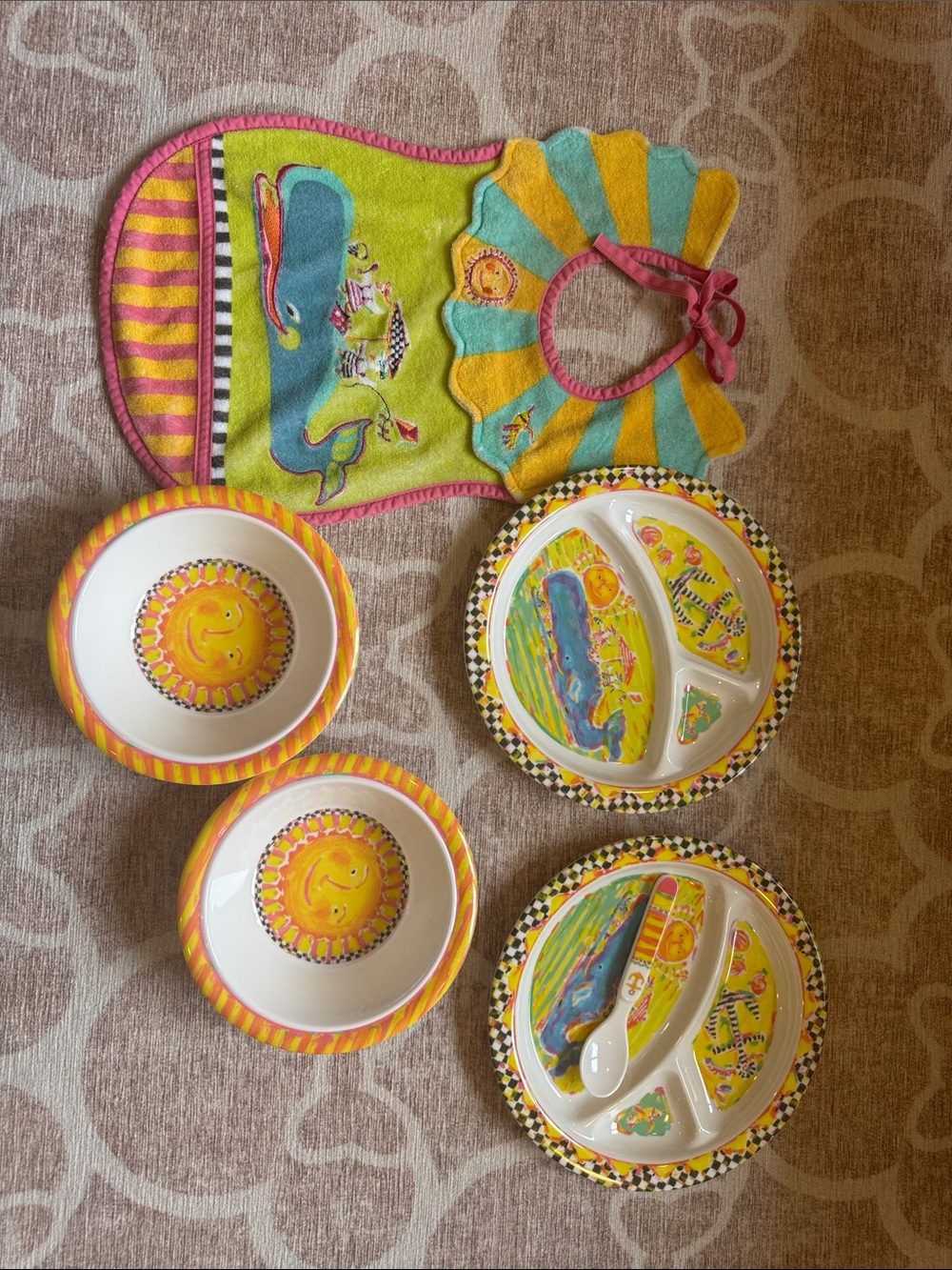 Mackenzie-Childs melamine dish and bowl set with bib